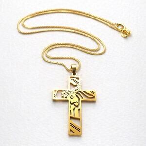 Gold Tone Crown of Thorns Cross Necklace 18k Plated 22” 1mm Box Chain